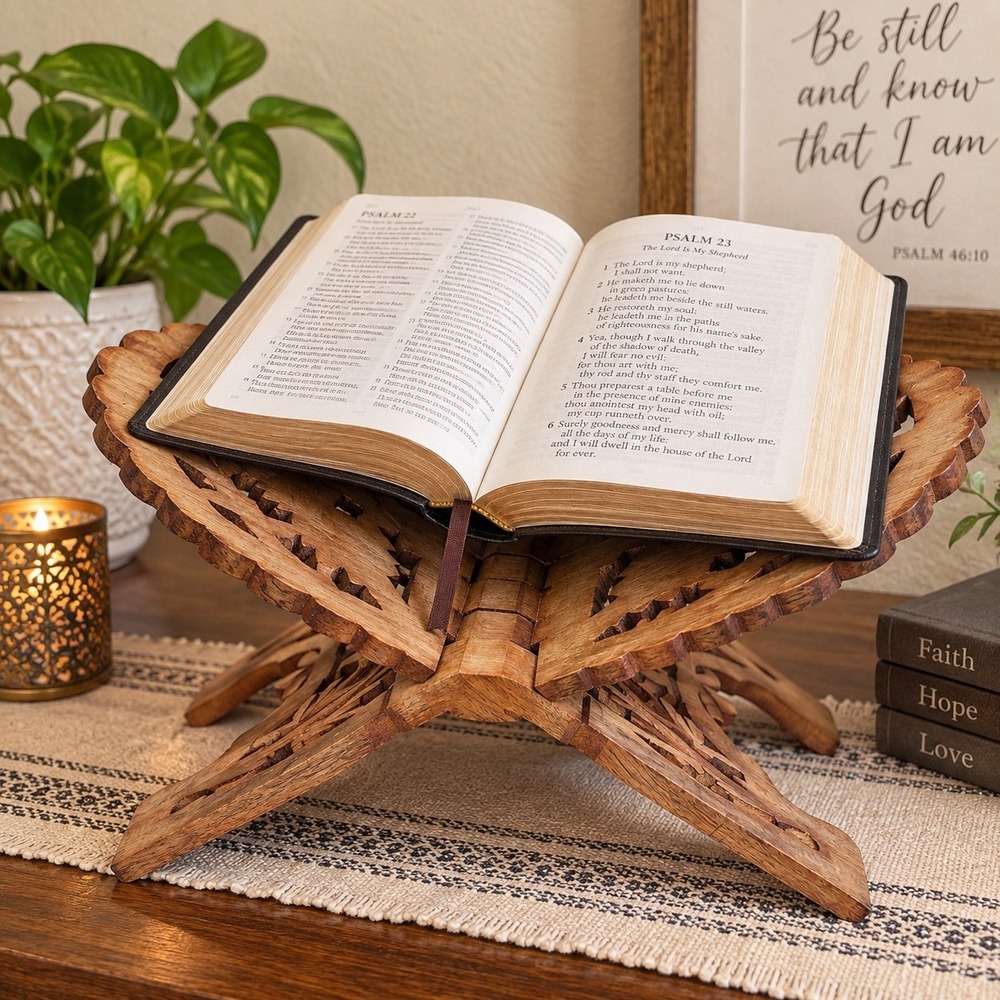 Vintage Hand Carved Wood Folding Book Stand Rehal Bible Quran Cookbook Lectern